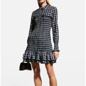 Veronica Beard Kelsey Dress Womens ~6 Blue Plaid Mini Collar Smocked Ruffle $448